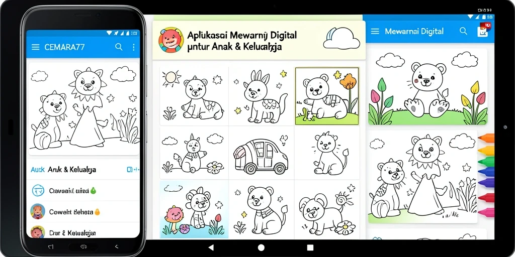 Screenshot aplikasi CEMARA77 menampilkan antarmuka mewarnai yang interaktif.