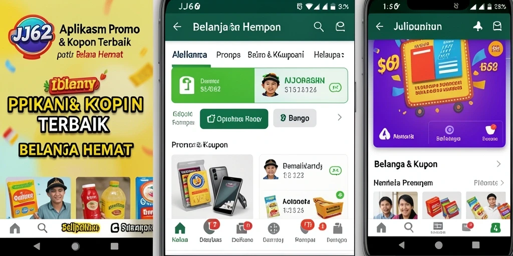 Tampilan antarmuka aplikasi JJ62 dengan berbagai kupon menarik.
